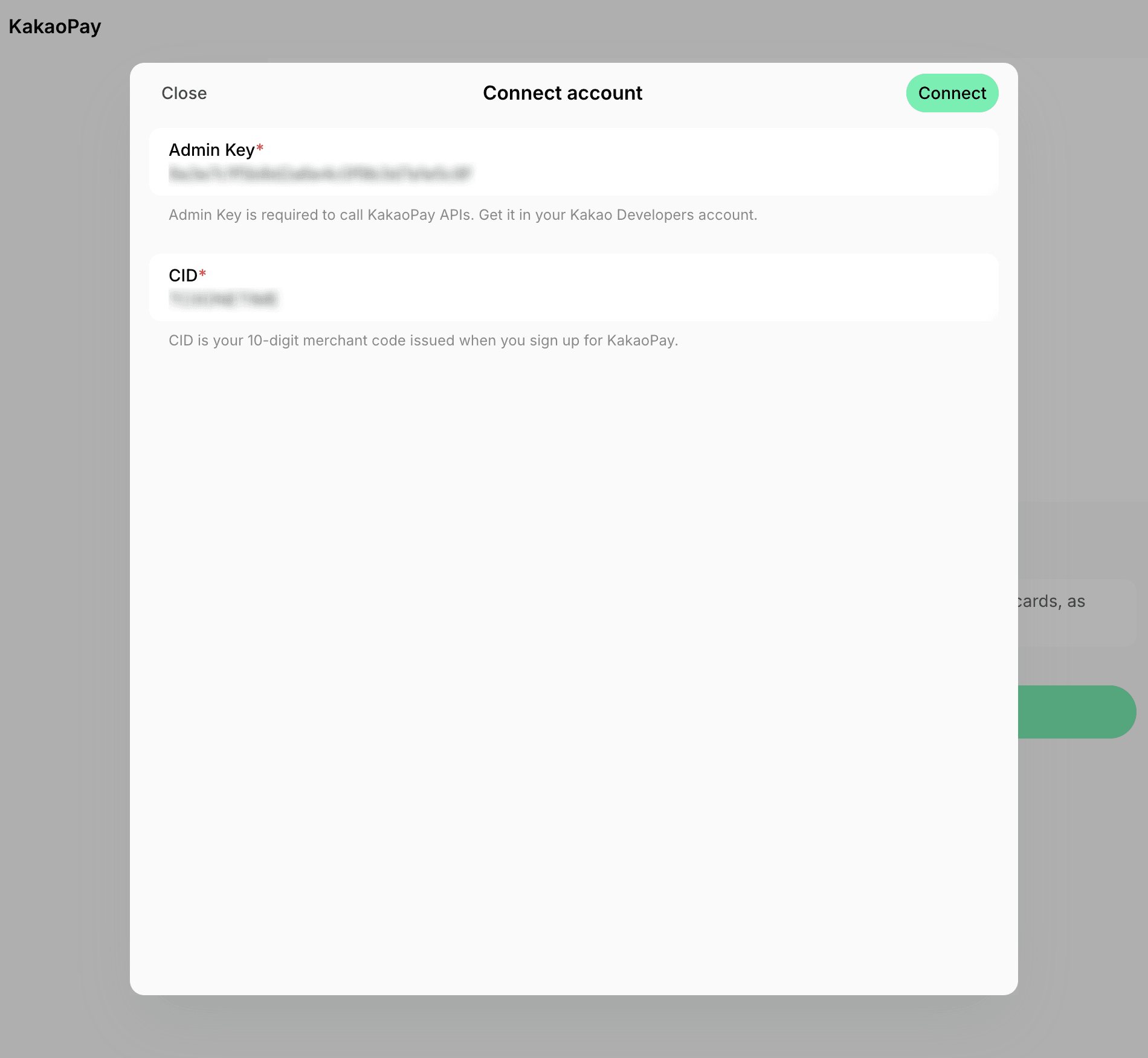 KakaoPay Connect account modal with the admin key and CID on Spacebring's coworking space management platform