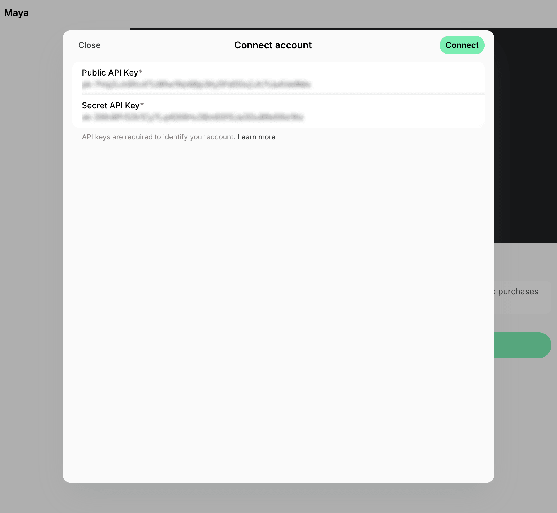 Maya Connect account modal with the public and secret API keys on Spacebring's coworking space management platform