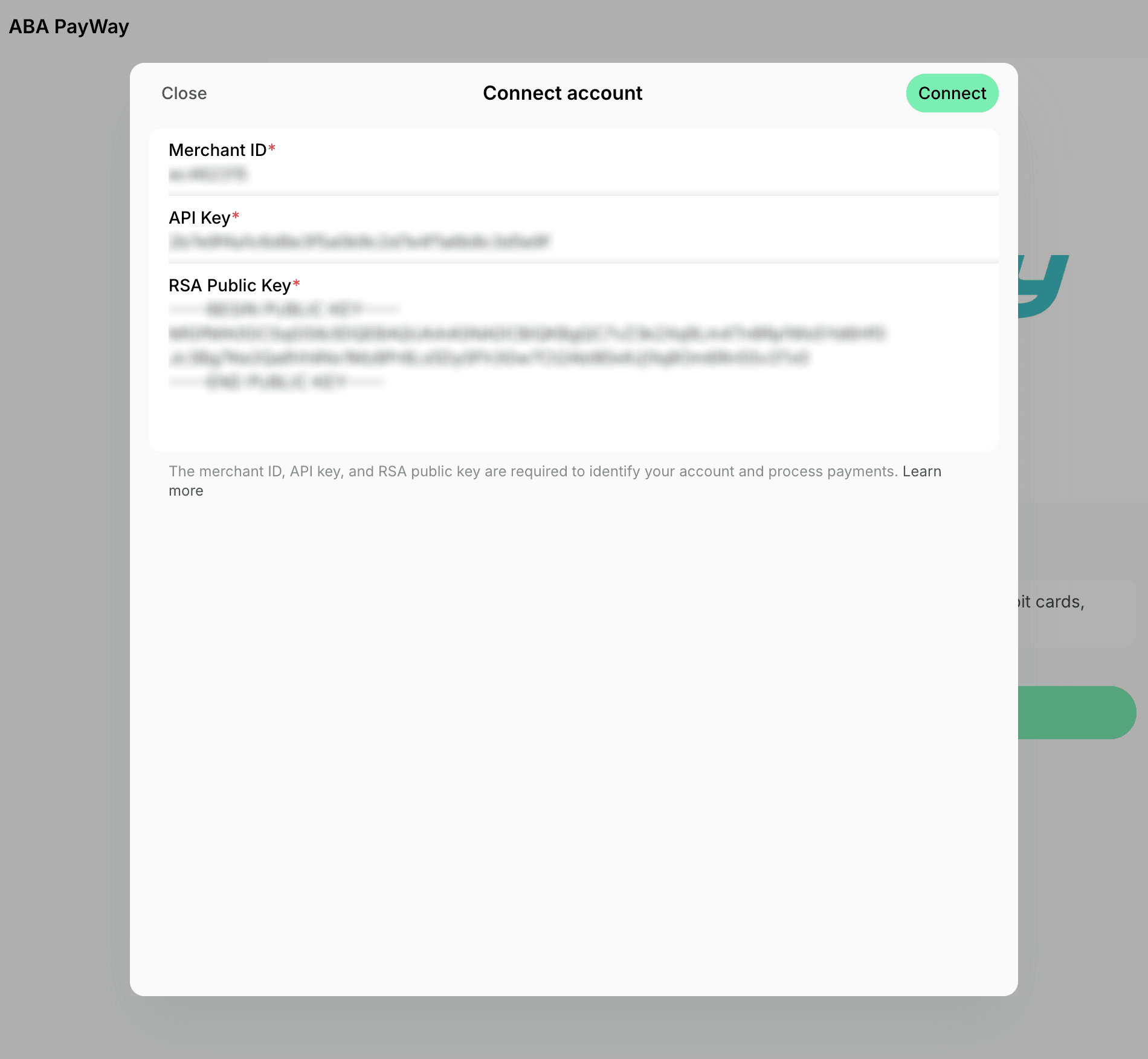 ABA PayWay Connect account modal with the merchant ID, API key, and RSA public key on Spacebring's coworking space management platform