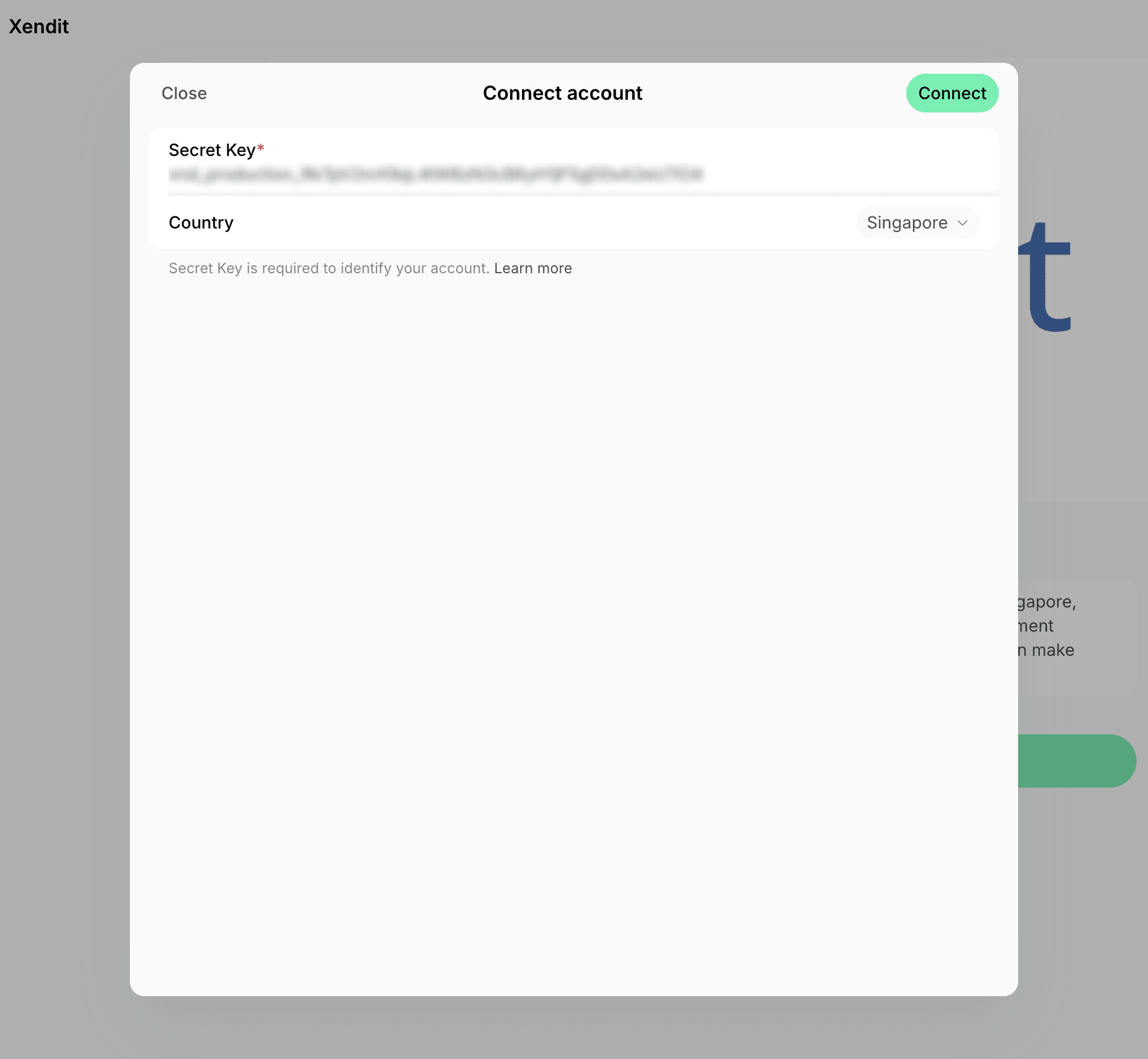 Xendit Connect account modal with the secret key and country on Spacebring's coworking space management platform