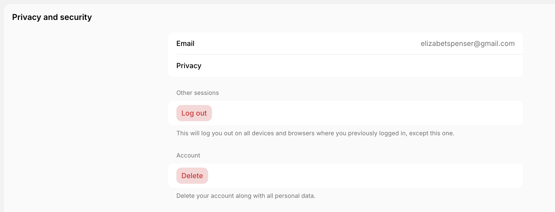 Privacy and security page with the Email, Privacy, Other sessions, and Account sections in the member web portal on Spacebring's coworking space management platform