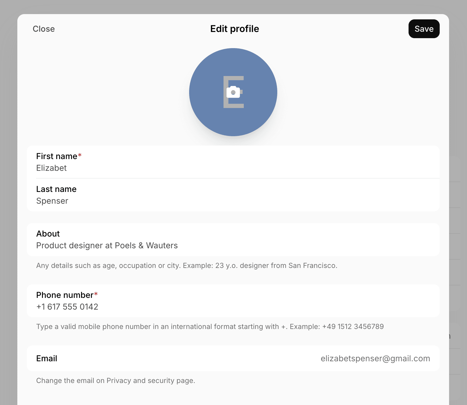 Edit profile window with the first name, last name, About, phone number, and email fields in the member web portal on Spacebring's coworking space management platform