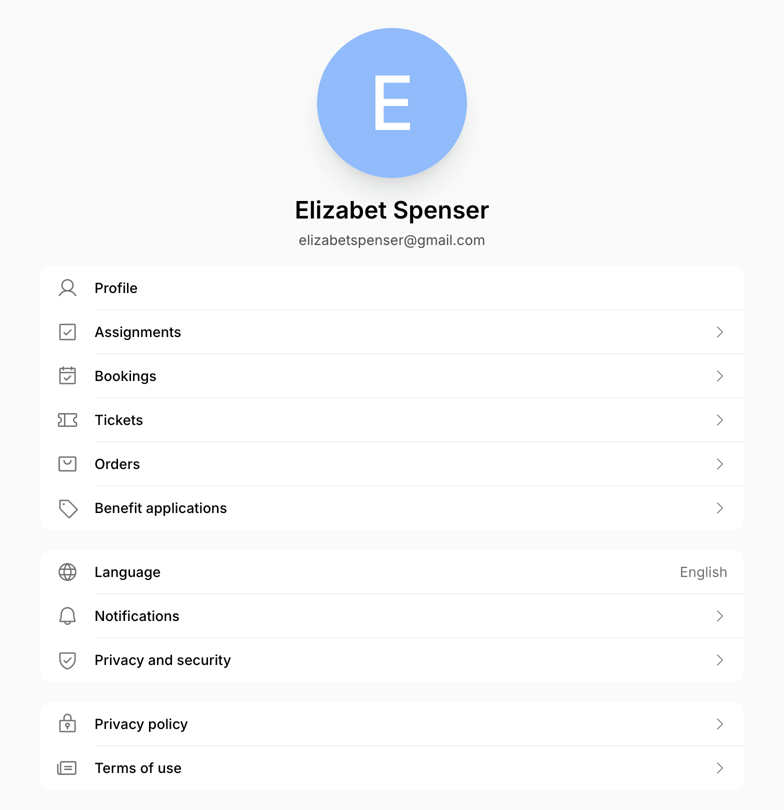 Account page with the Profile, Bookings, Language, Notifications, and Privacy and security rows in the member web portal on Spacebring's coworking space management platform