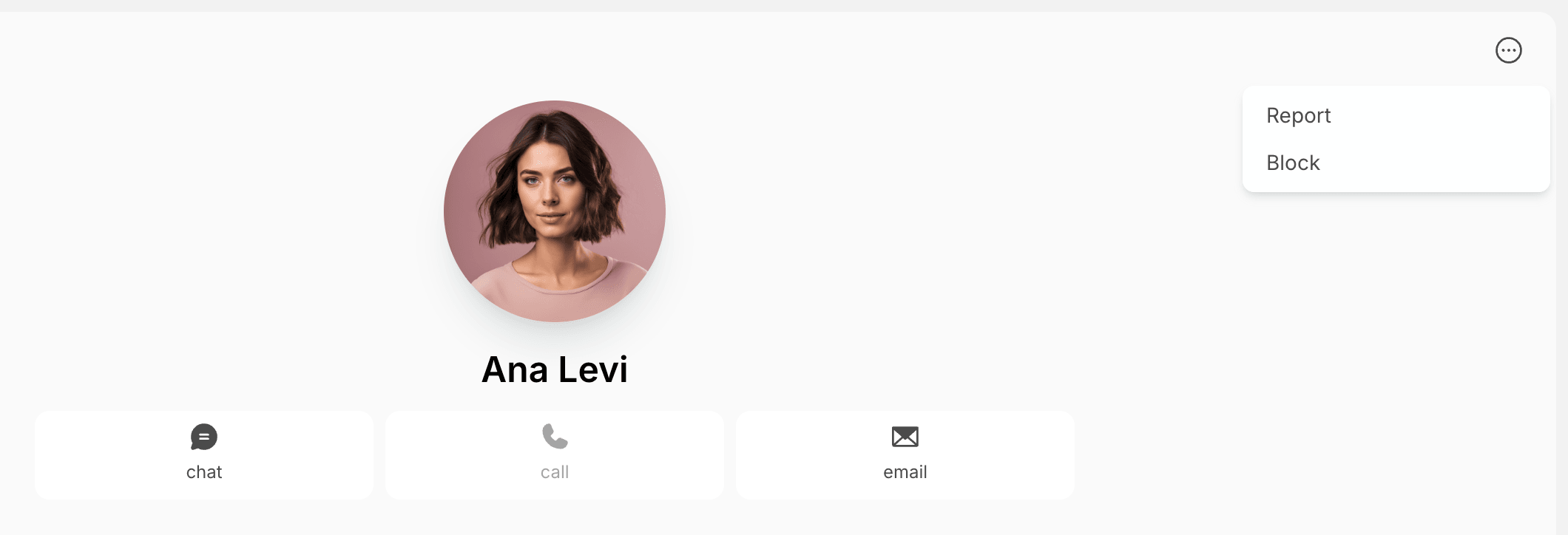 A user's profile with the (...) menu open, showing Report and Block, in the member web portal on Spacebring's coworking space management platform