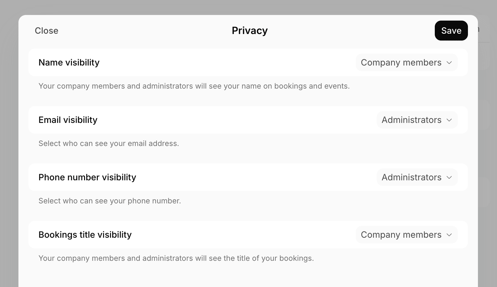 Privacy window with the name, email, phone number, and bookings title visibility settings in the member web portal on Spacebring's coworking space management platform