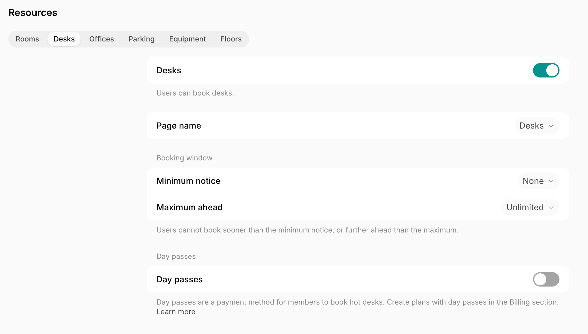 Desks resource settings with the page name, booking window, and day passes on Spacebring's coworking space management platform