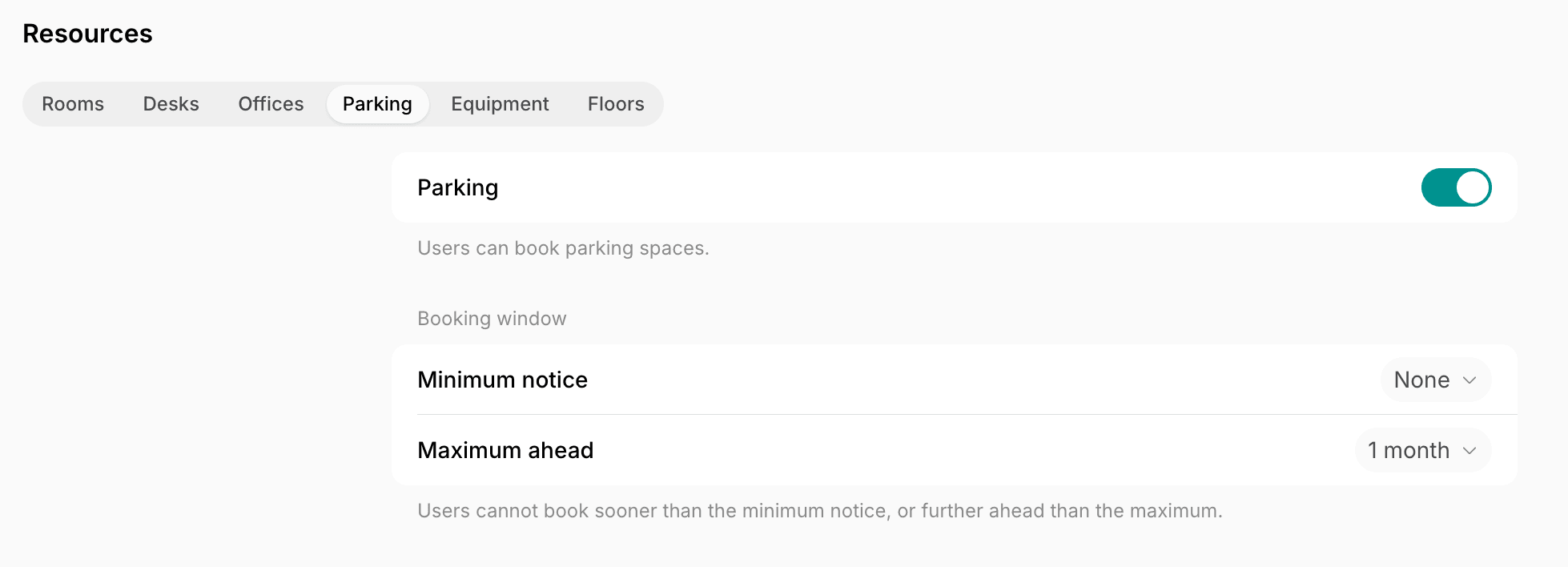 Parking resource settings with the booking window on Spacebring's coworking space management platform