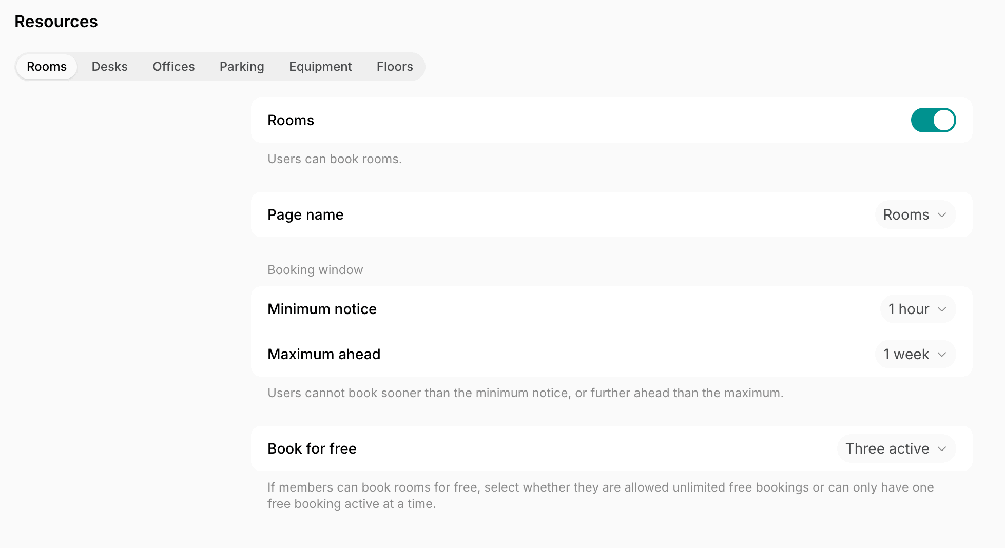 Rooms resource settings with the page name, booking window, and free booking limit on Spacebring's coworking space management platform