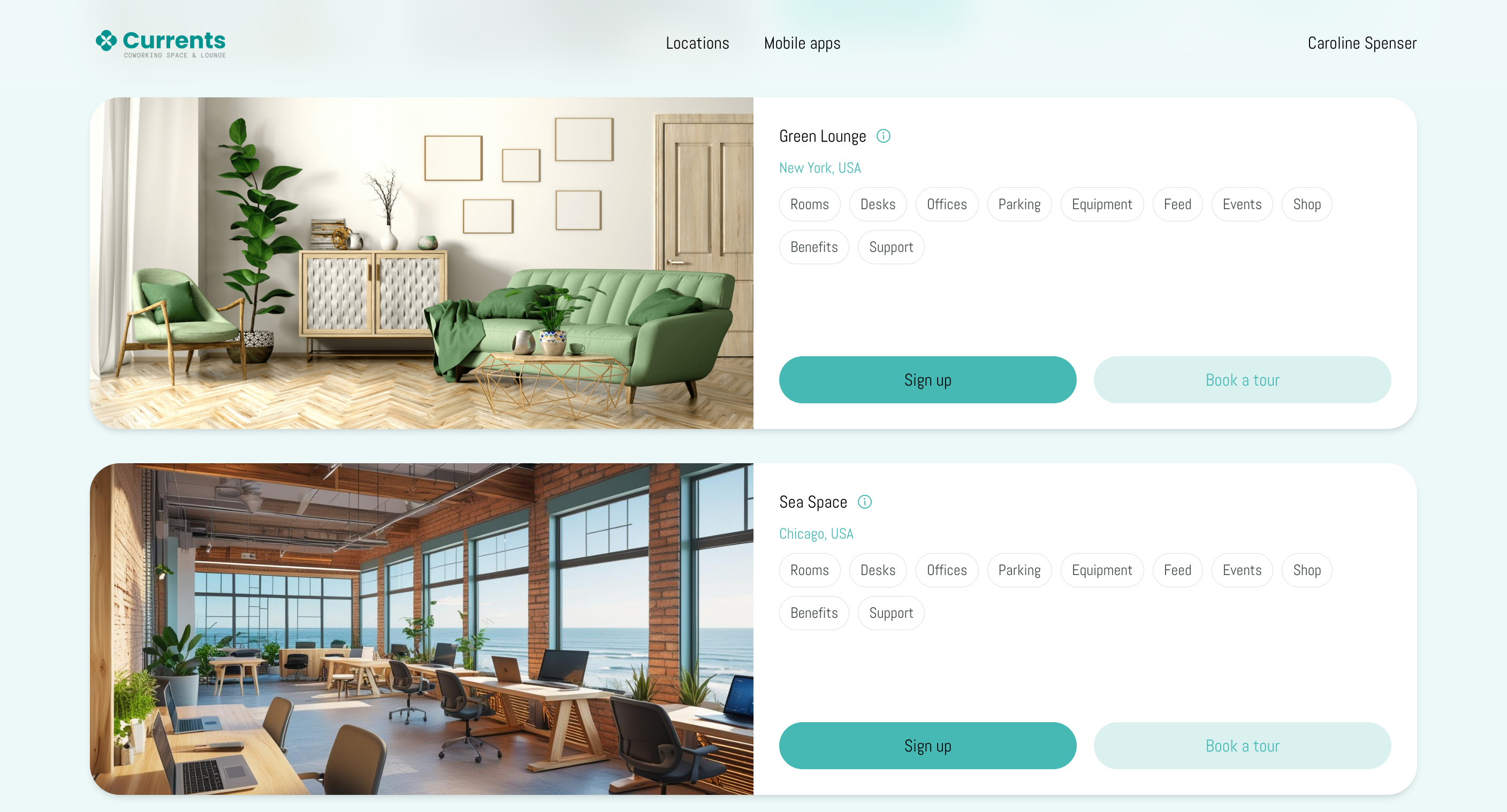 Locations on the landing page with their pages, Sign up, and Book a tour buttons