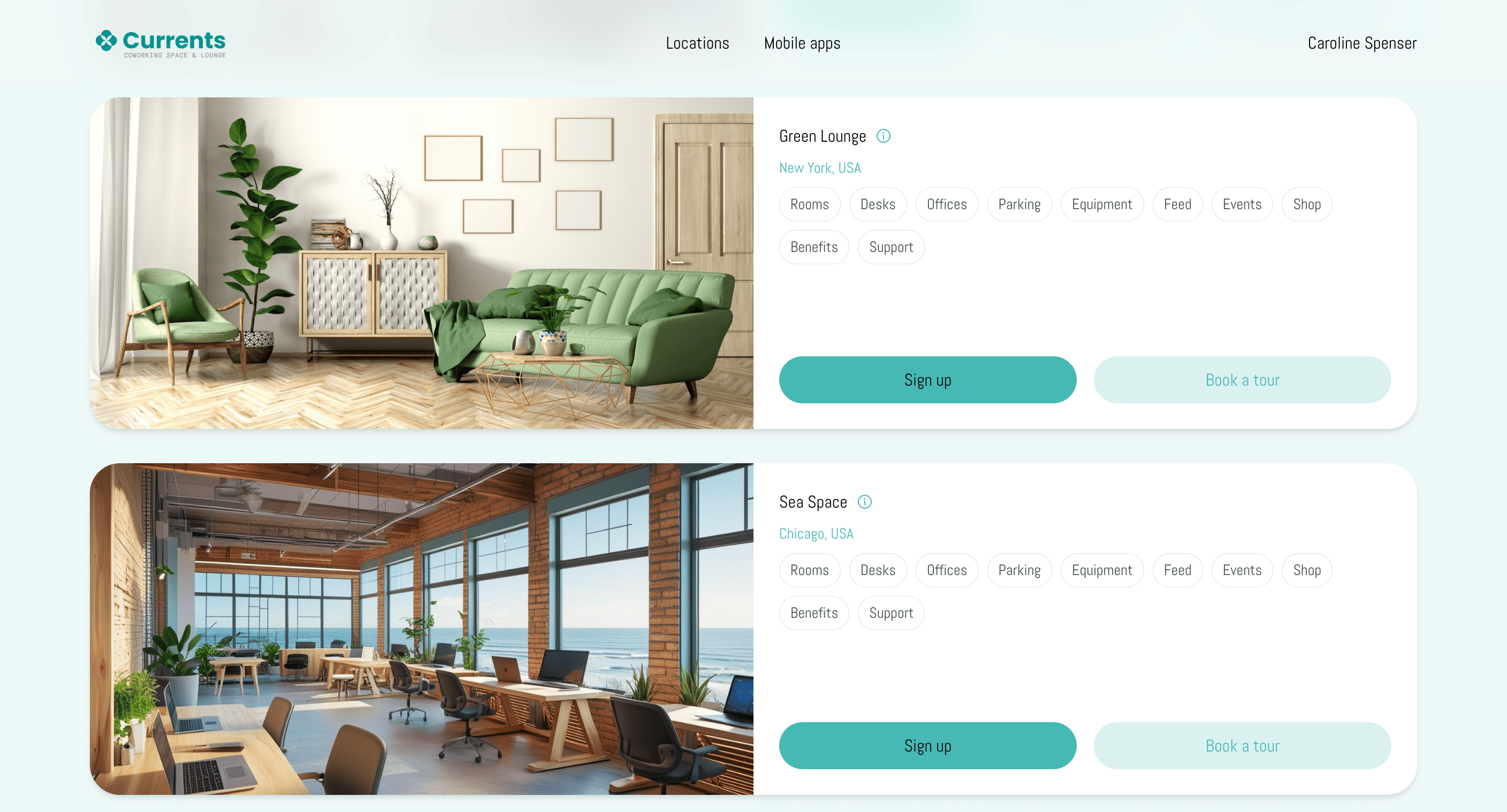 Locations on the landing page with their pages, Sign up, and Book a tour buttons