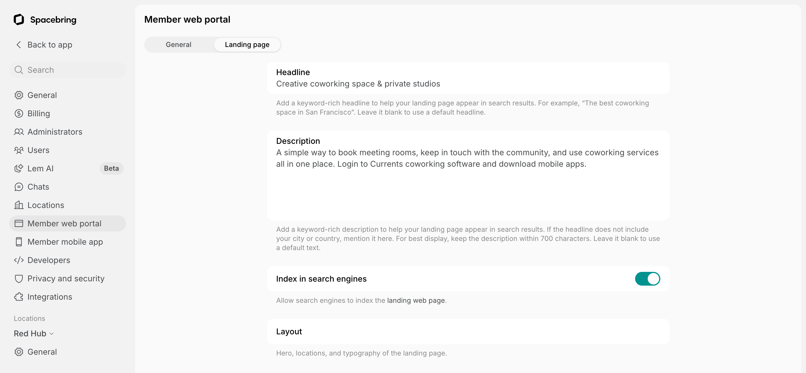 Landing page tab with the Headline, Description, Index in search engines, and Layout settings