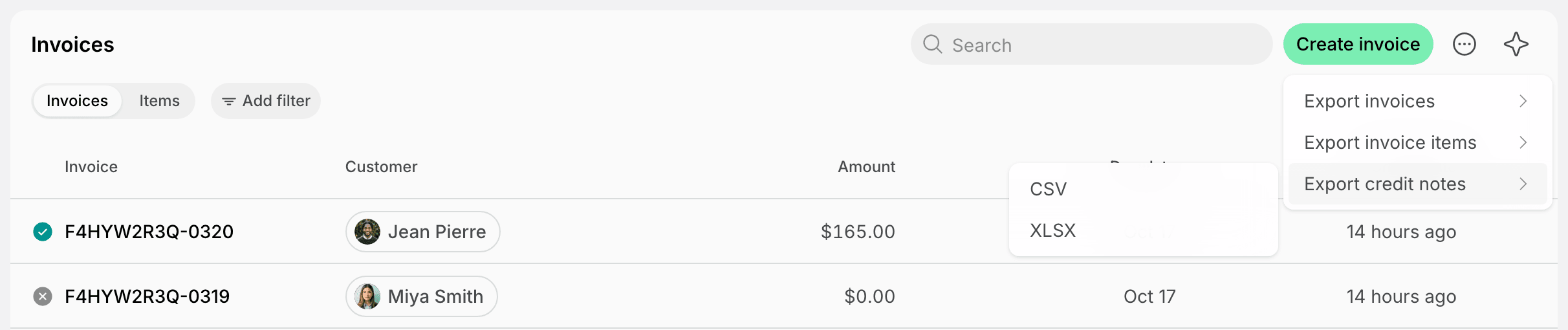 Export credit notes options in the Invoices page menu on Spacebring's coworking space management platform