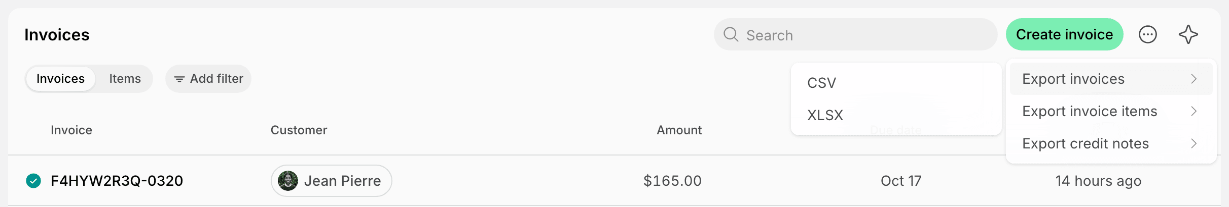 Export invoices options in the Invoices page menu on Spacebring's coworking space management platform