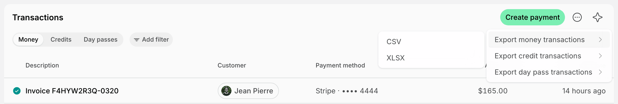 Export money transactions options in the Transactions page menu on Spacebring's coworking space management platform
