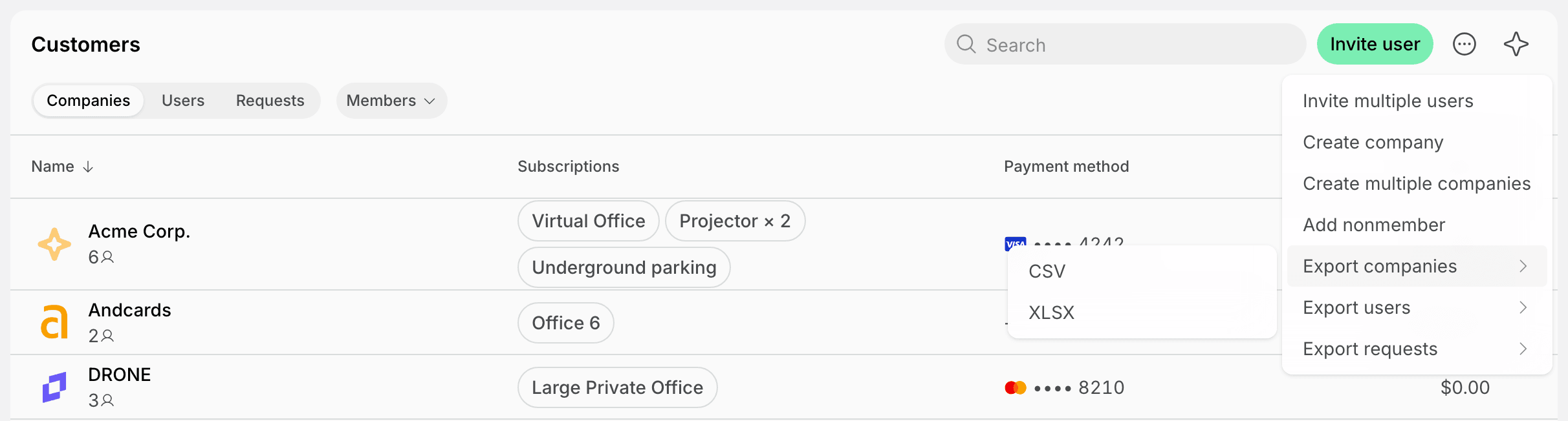 Export companies options in the Customers page menu on Spacebring's coworking space management platform