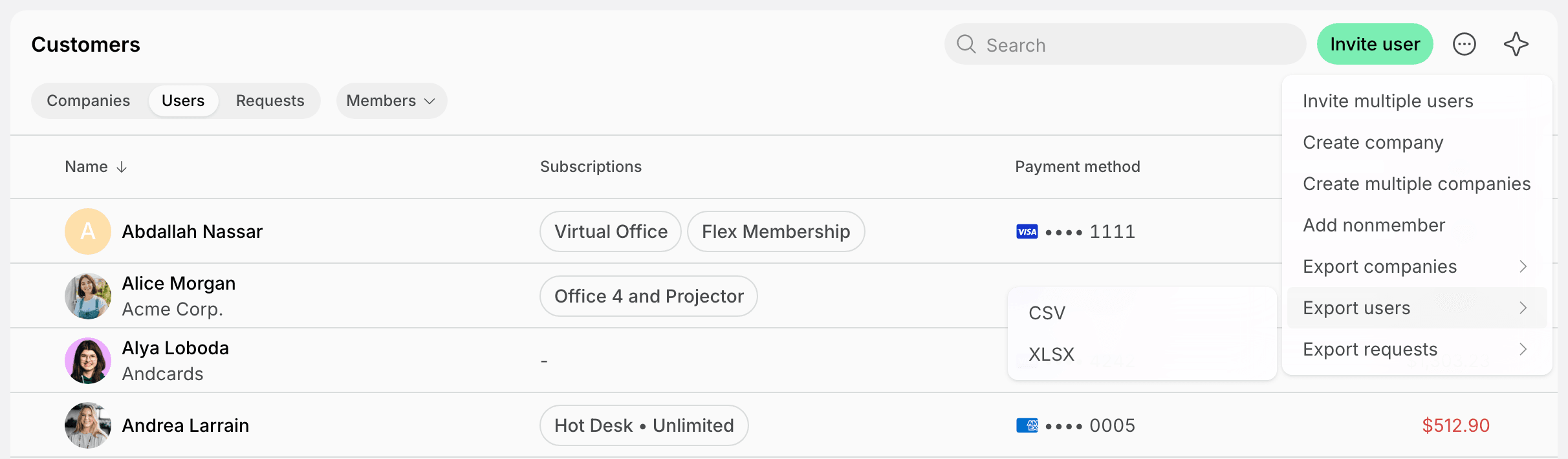 Export users options in the Customers page menu on Spacebring's coworking space management platform