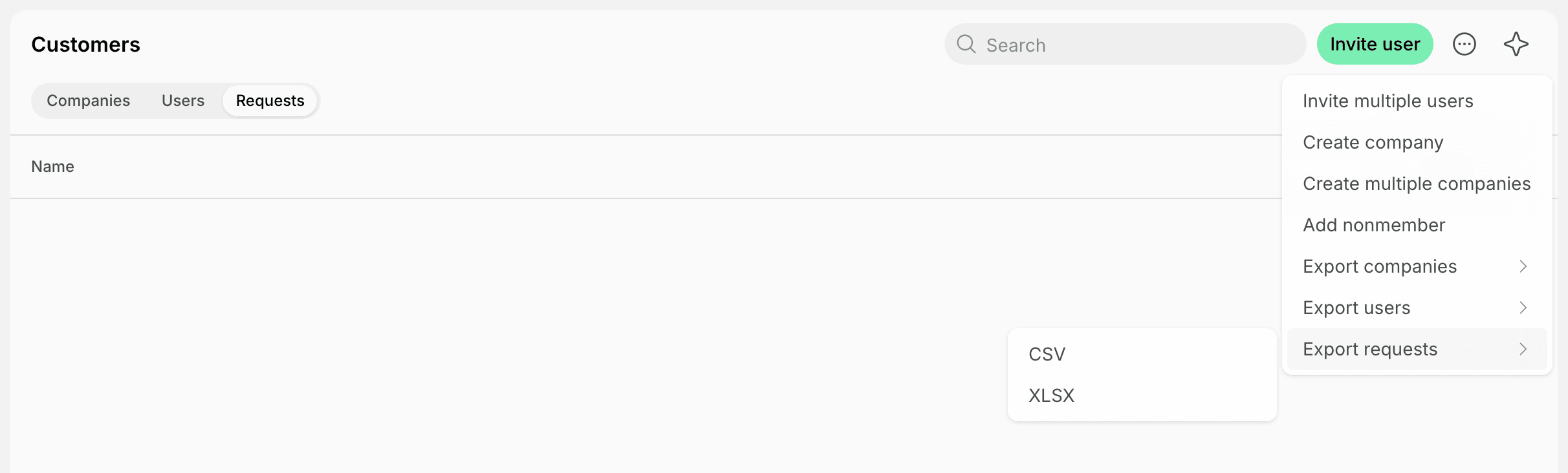 Export requests options in the Customers page menu on Spacebring's coworking space management platform