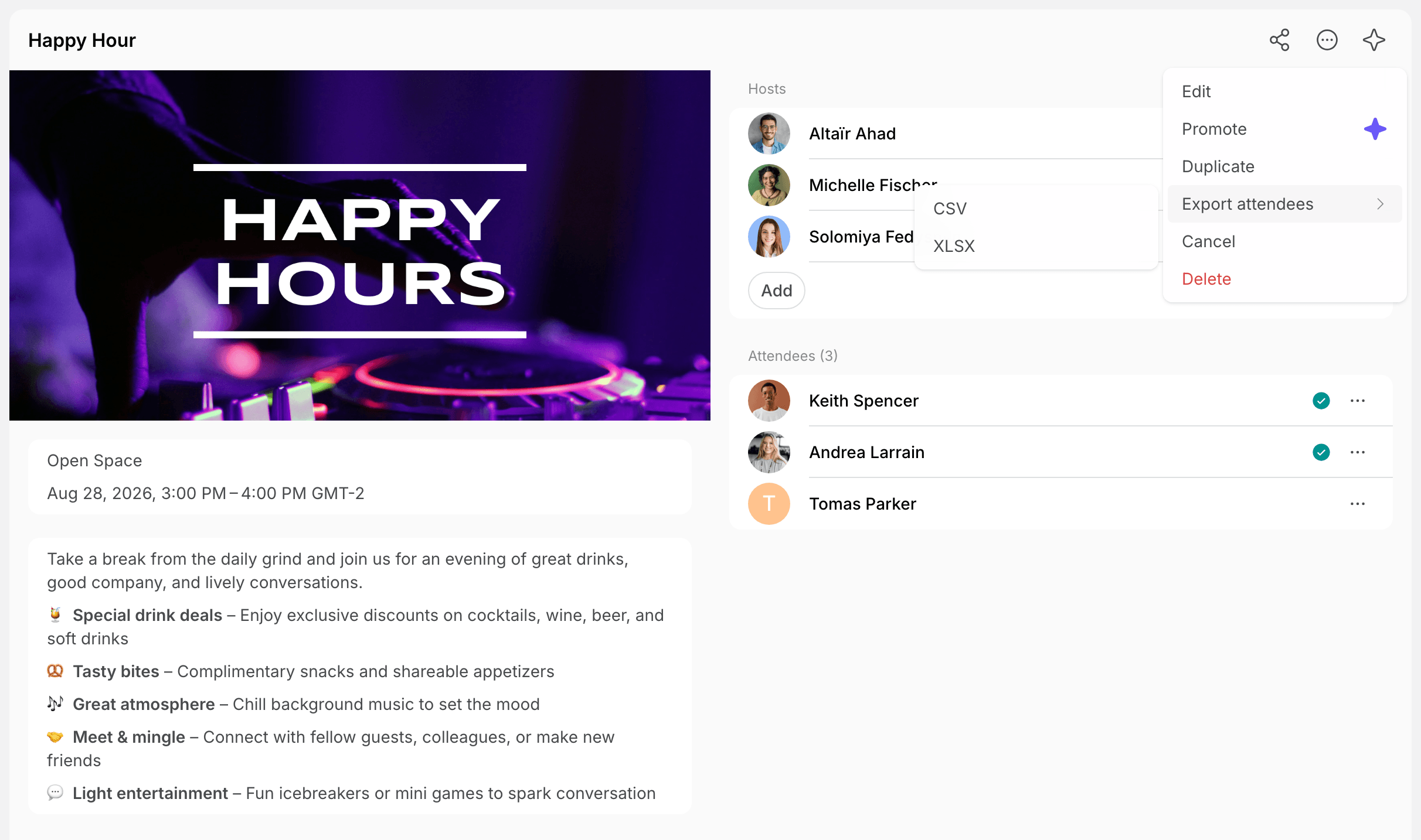 Export attendees options in the event menu on Spacebring's coworking space management platform