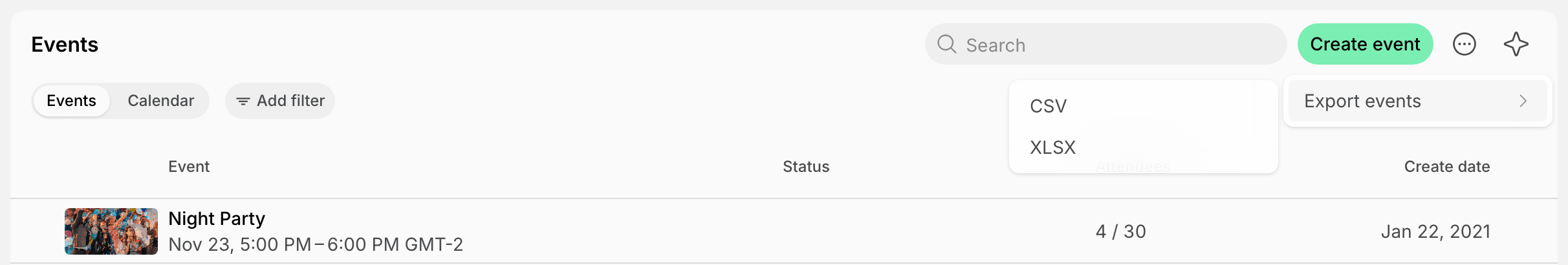 Export events options in the Events page menu on Spacebring's coworking space management platform