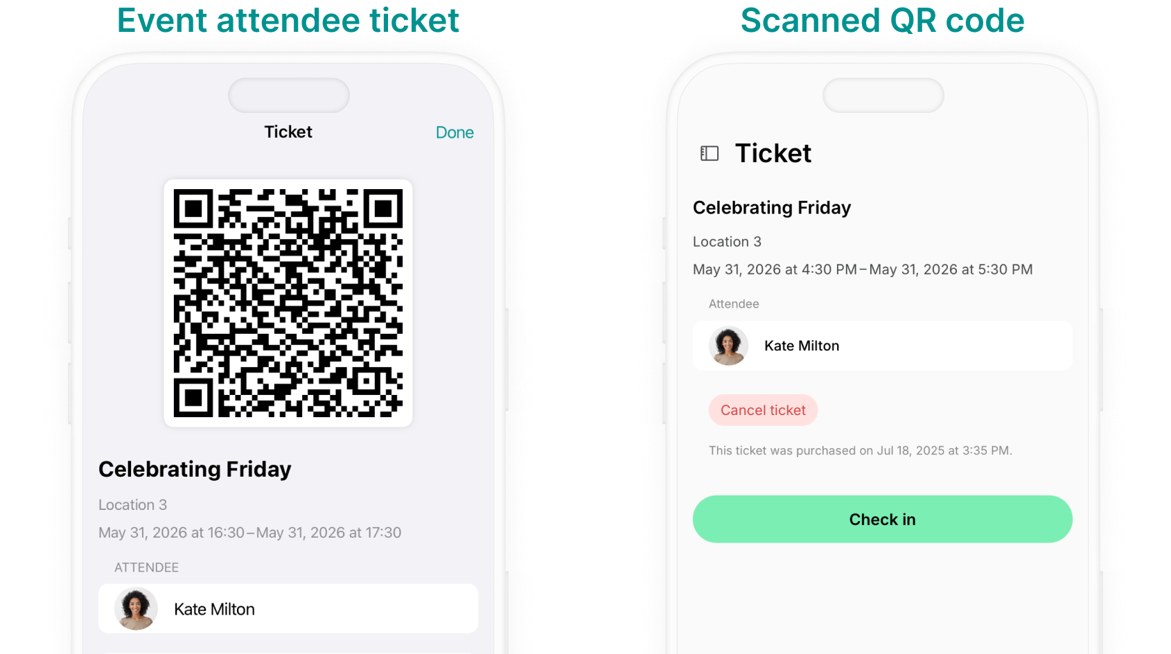 Attendee's ticket with its QR code, and the ticket page with the Check in button after scanning, in the admin mobile app on Spacebring's coworking space management platform