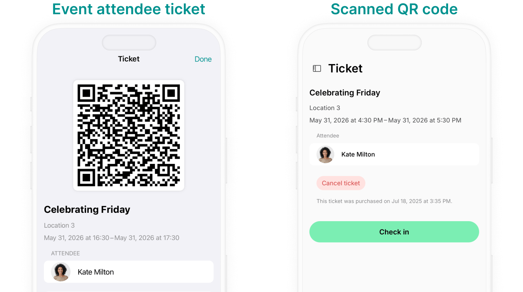 Attendee's ticket with its QR code, and the ticket page with the Check in button after scanning, in the admin mobile app on Spacebring's coworking space management platform