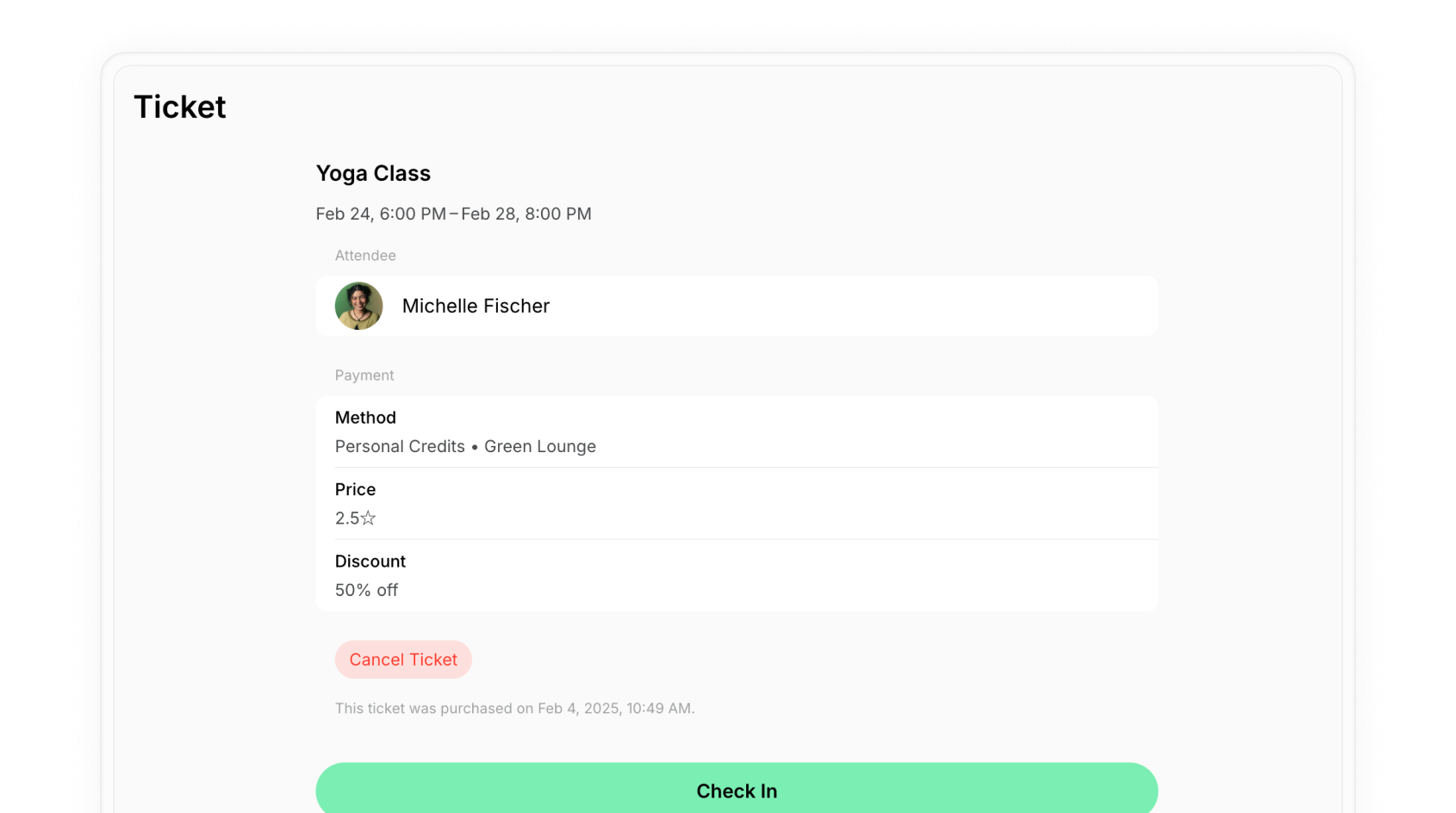 Attendee's ticket page with the Check In button on Spacebring's coworking space management platform