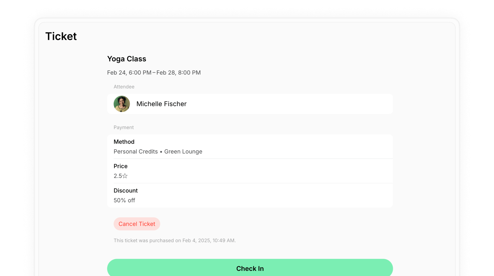 Attendee's ticket page with the Check In button on Spacebring's coworking space management platform