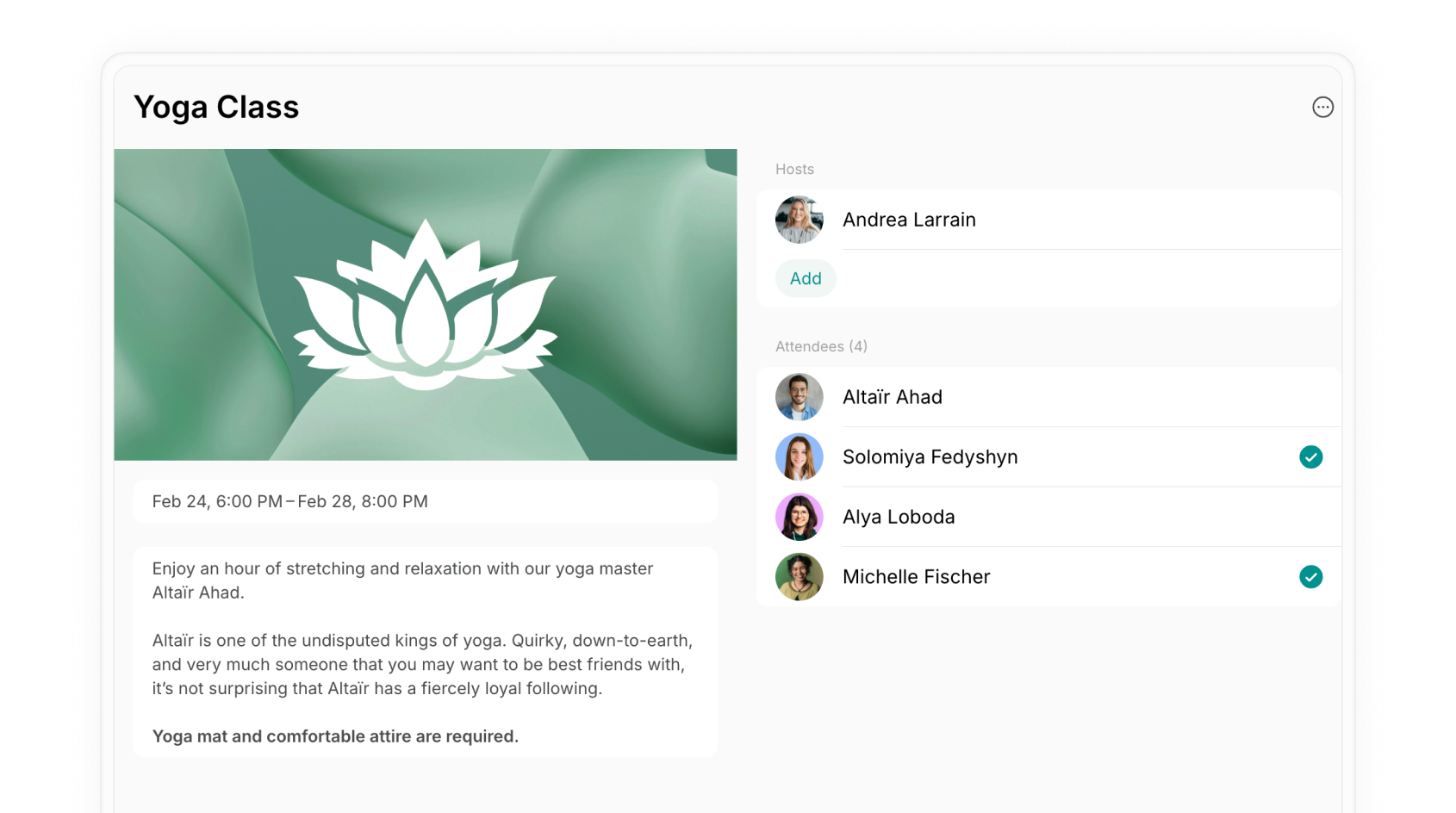 Event page with green checkboxes next to checked-in attendees on Spacebring's coworking space management platform
