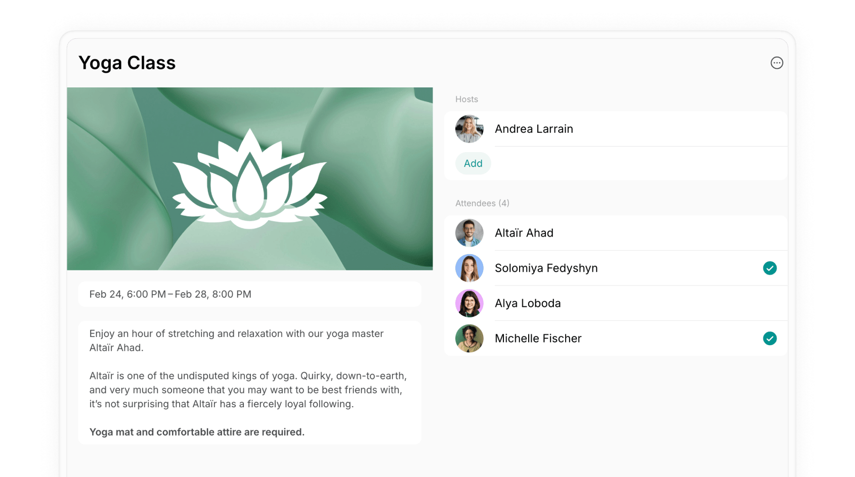 Event page with green checkboxes next to checked-in attendees on Spacebring's coworking space management platform