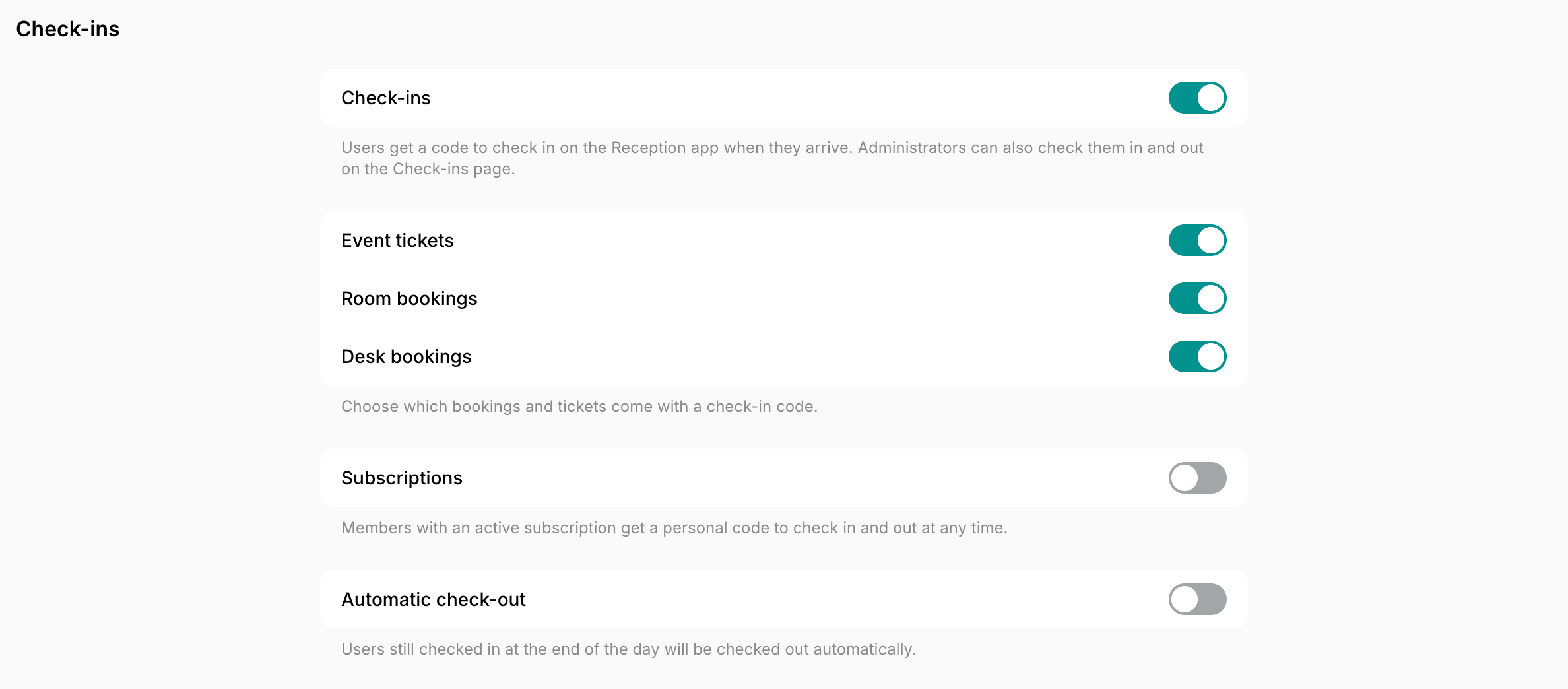 Check-ins settings with the check-in type switches on Spacebring's coworking space management platform