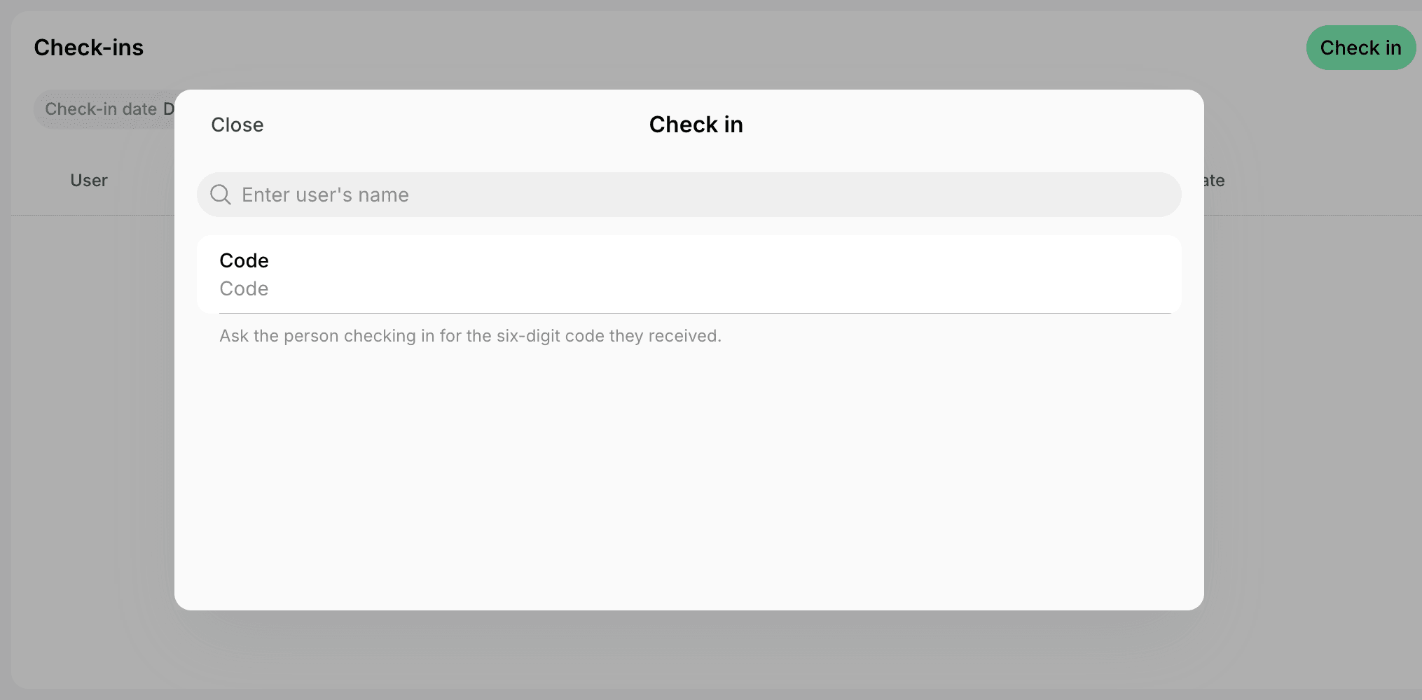 Check in dialog with the user name search and the Code field on Spacebring's coworking space management platform