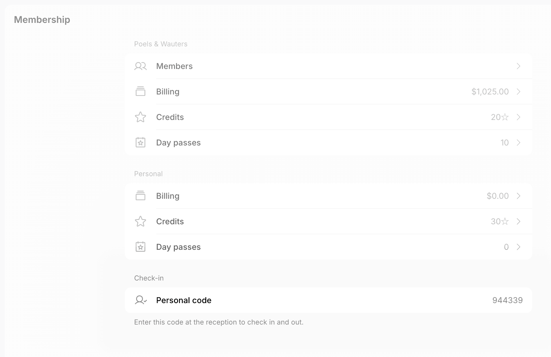 Personal code in the Check-in section of the Membership page in the member web portal on Spacebring's coworking space management platform