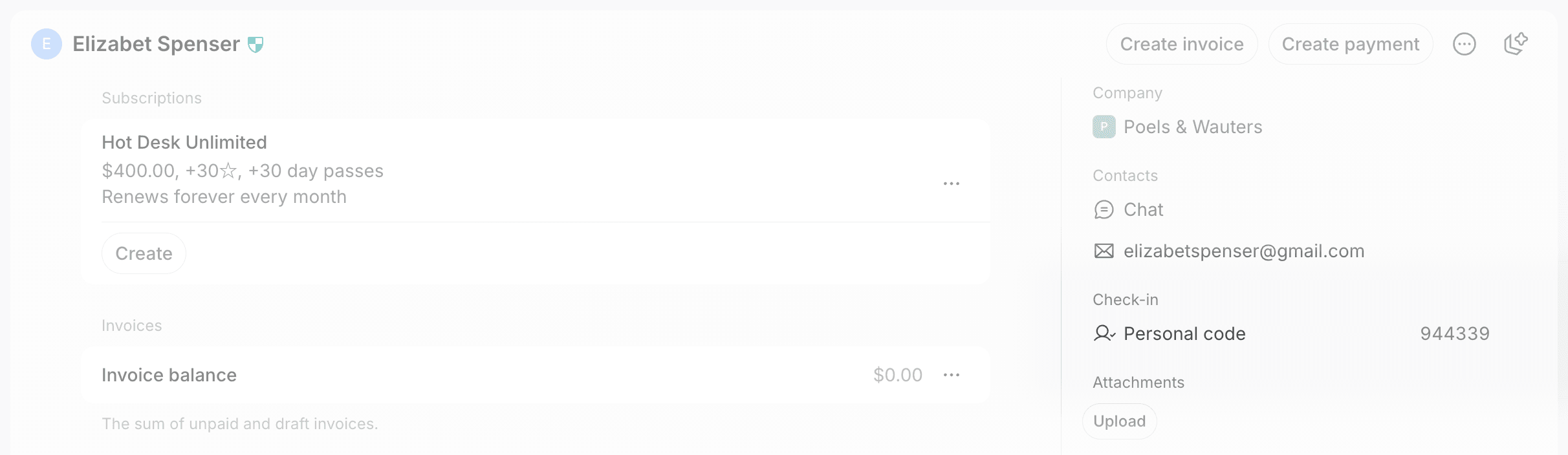 Personal code in the Check-in section of a member's profile on Spacebring's coworking space management platform