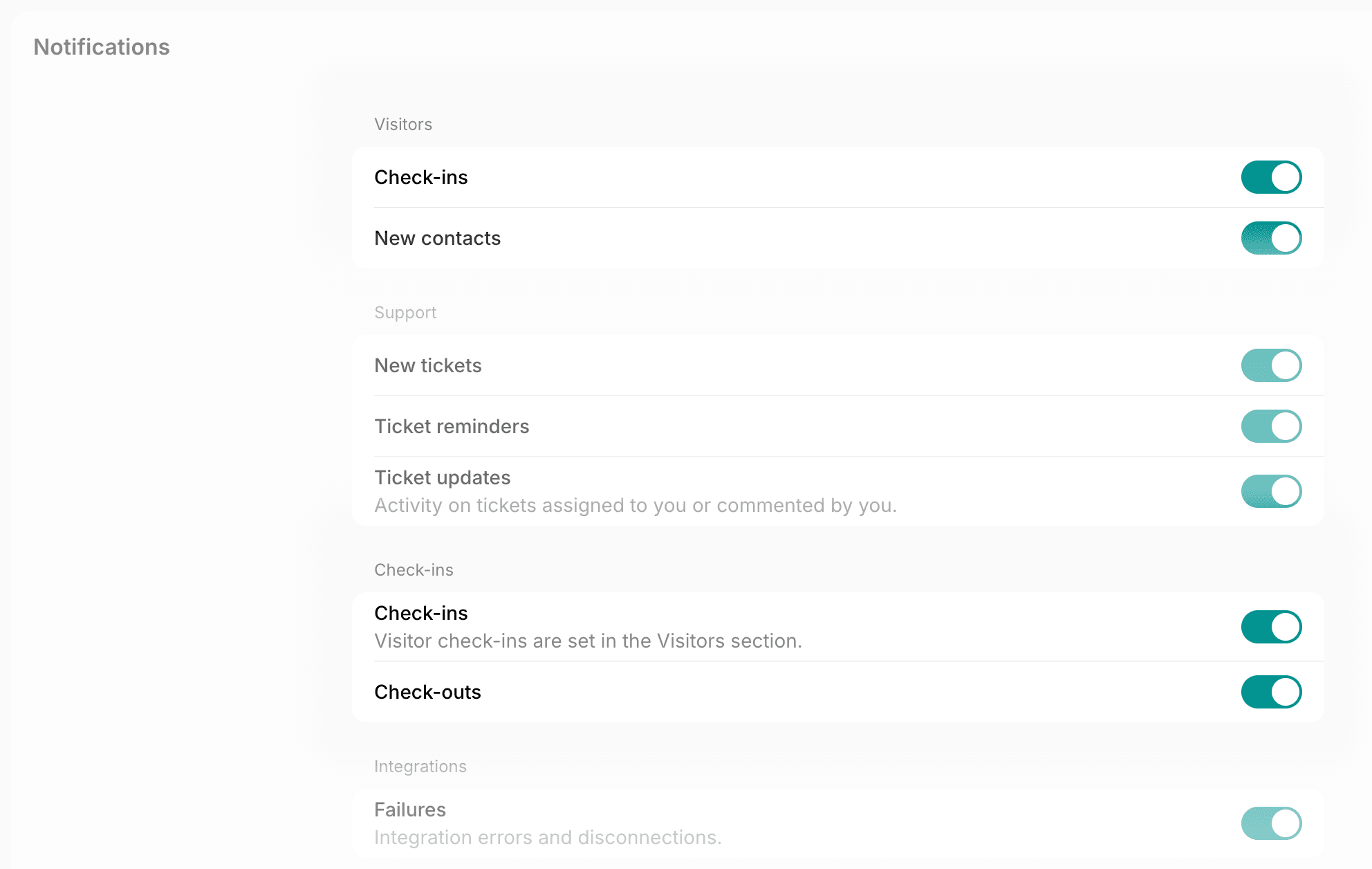 Notification settings with the Check-ins and Check-outs switches and the Visitors check-ins switch on Spacebring's coworking space management platform