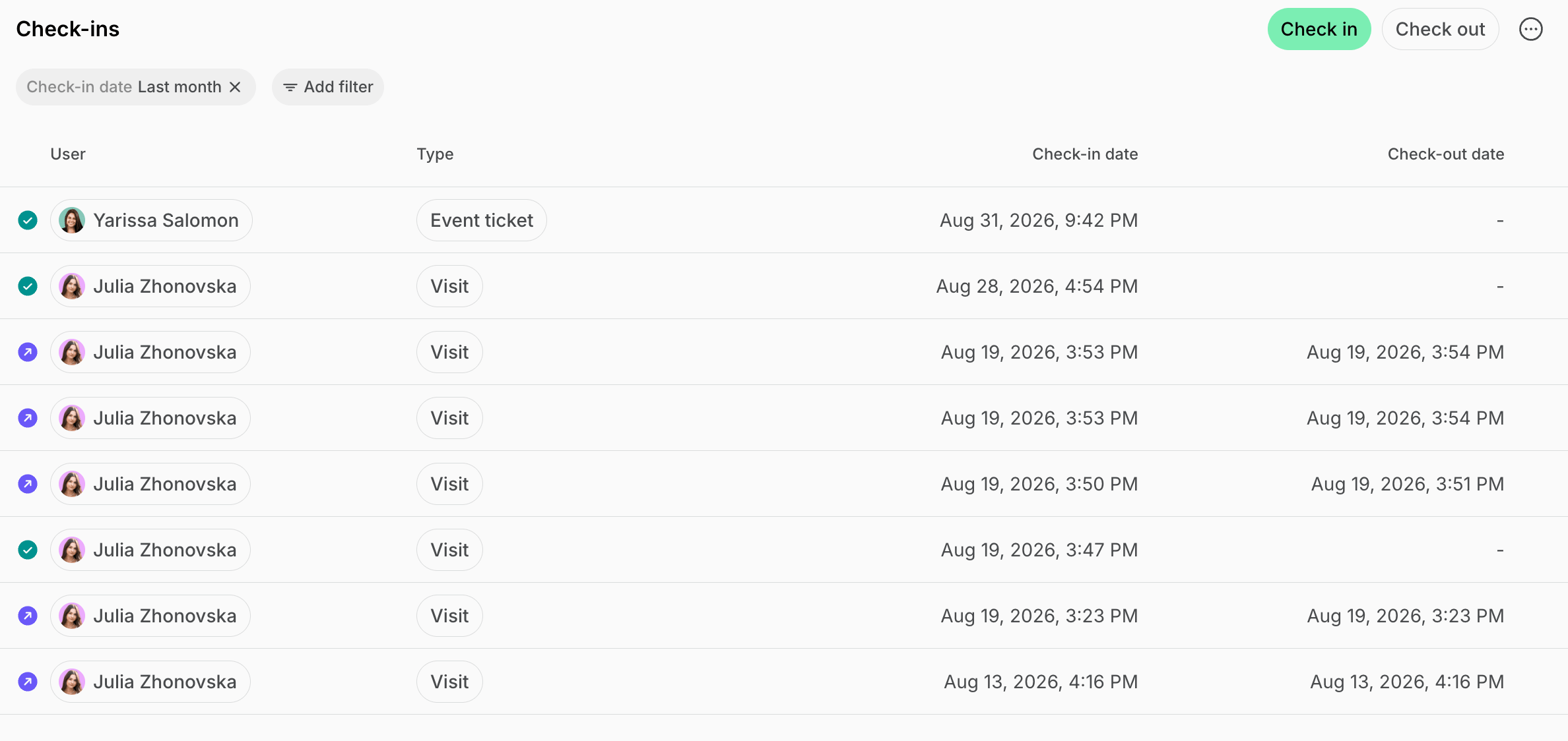 Check-ins page filtered by last month's check-in date on Spacebring's coworking space management platform