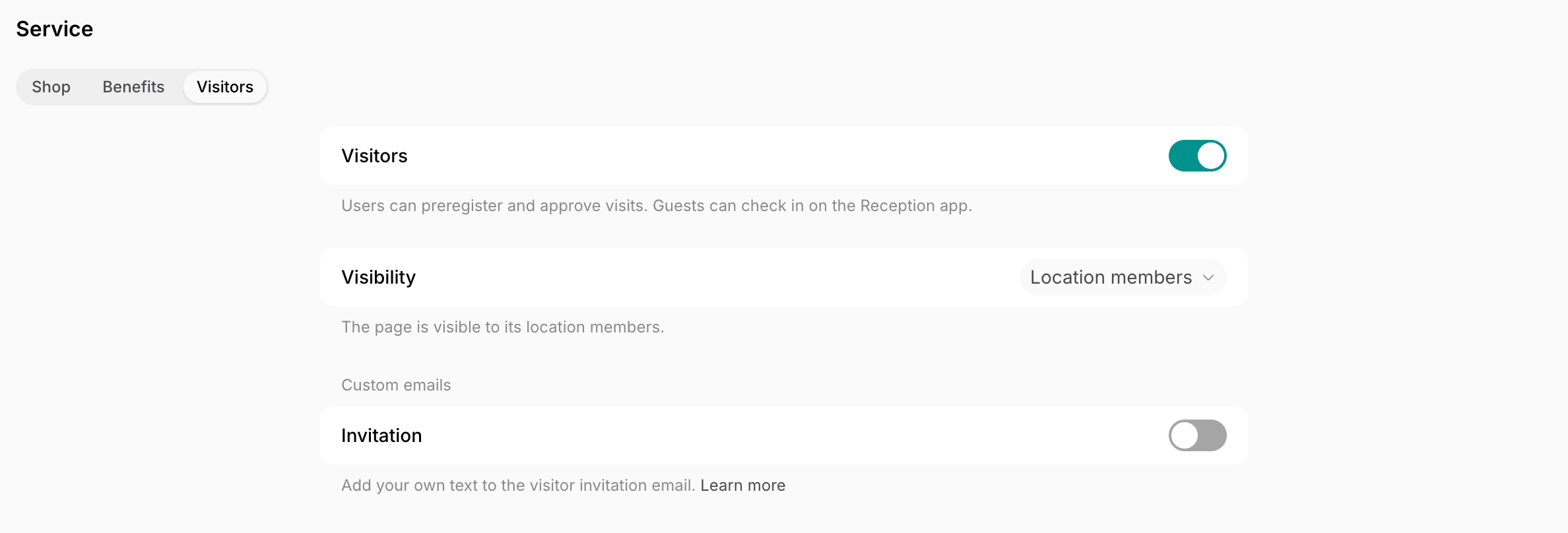 Visitors settings on Spacebring's coworking space management platform