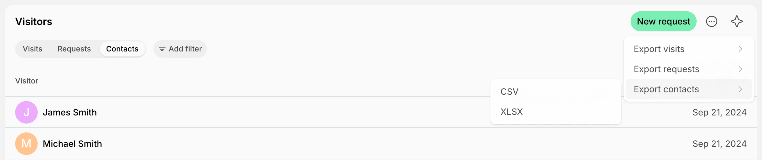 Export contacts options in the Visitors page menu on Spacebring's coworking space management platform