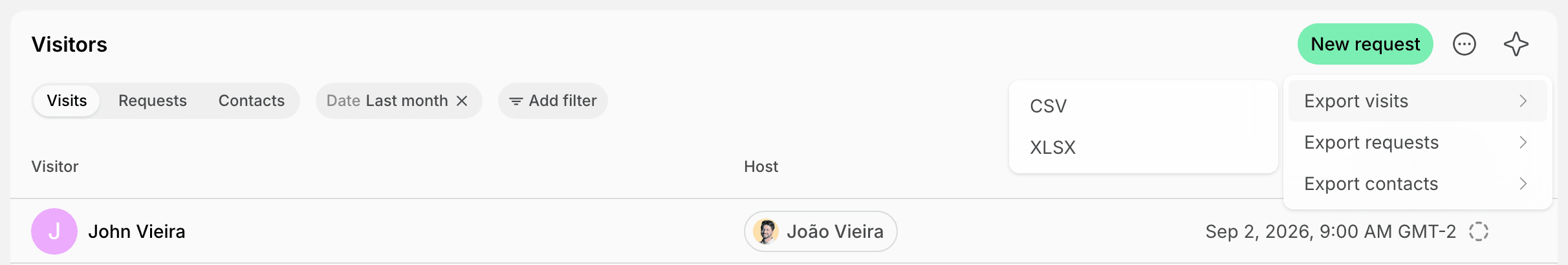 Export visits options in the Visitors page menu on Spacebring's coworking space management platform