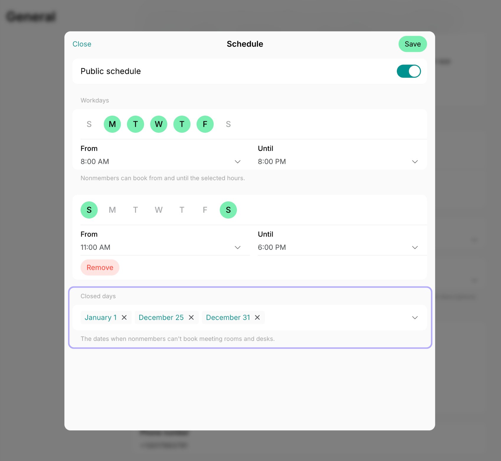 Select closed days on Spacebring coworking space management platform