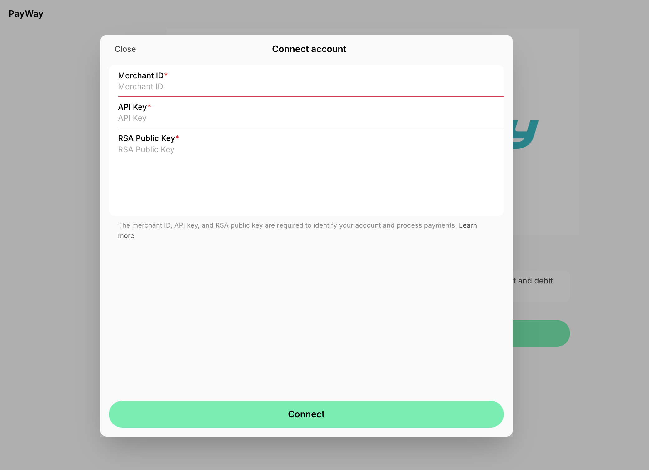 Integrations Payments Payway Connect Payway Credentials