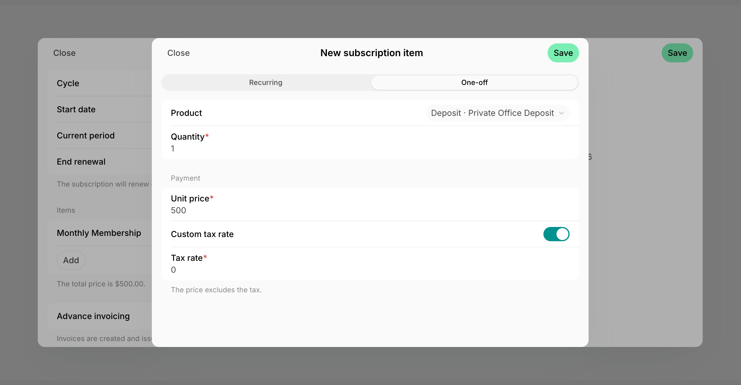 A one-off subscription item with the deposit product selected and a 0% tax rate on Spacebring's coworking space management platform