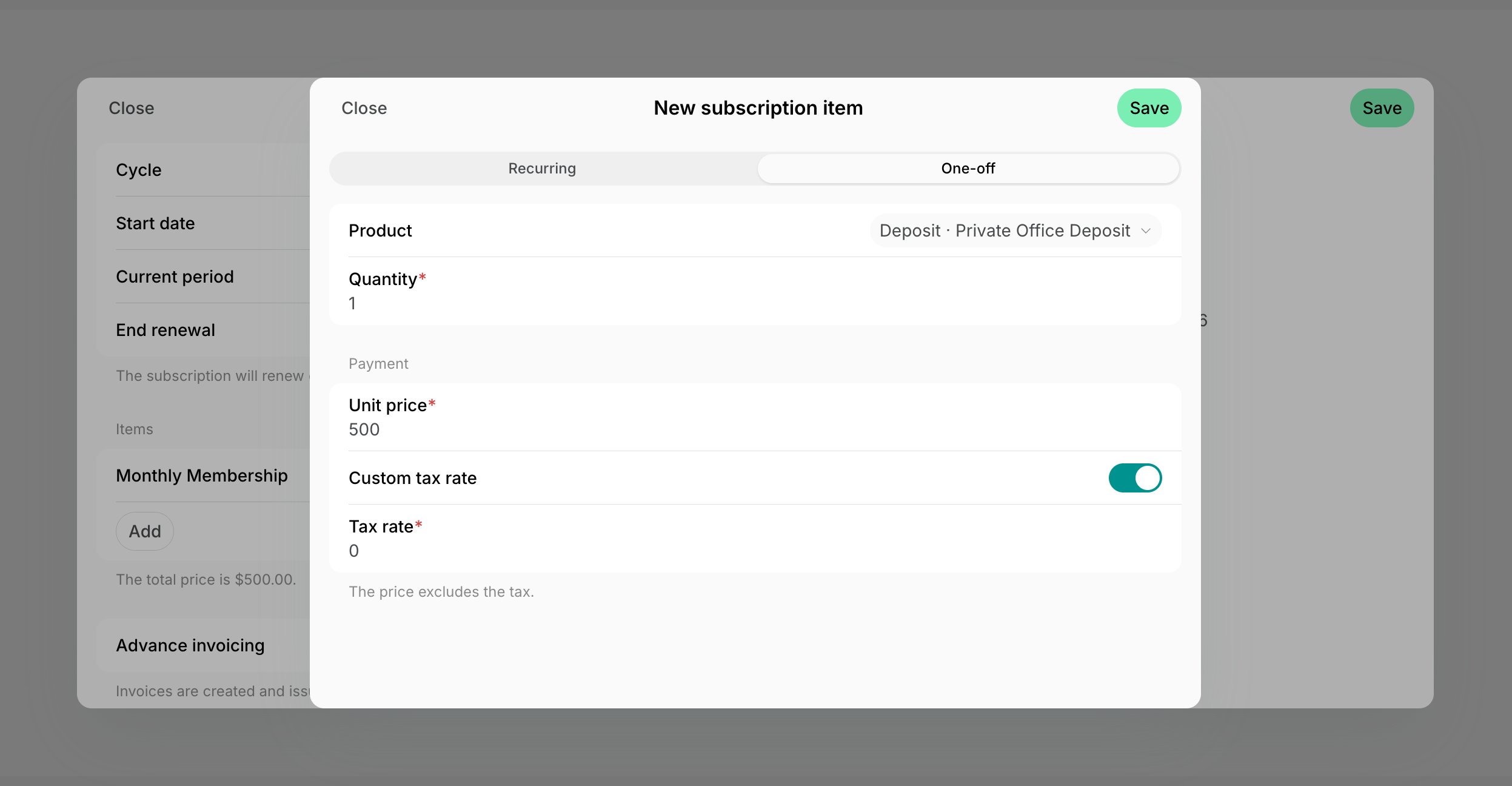 A one-off subscription item with the deposit product selected and a 0% tax rate on Spacebring's coworking space management platform