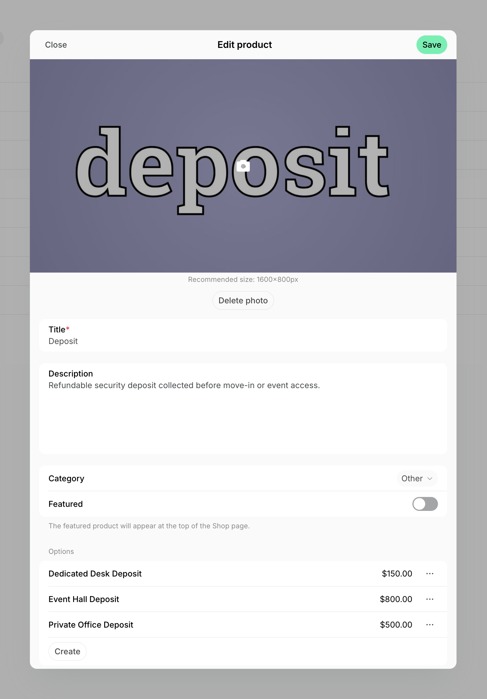 A deposit product with an option per deposit amount on Spacebring's coworking space management platform