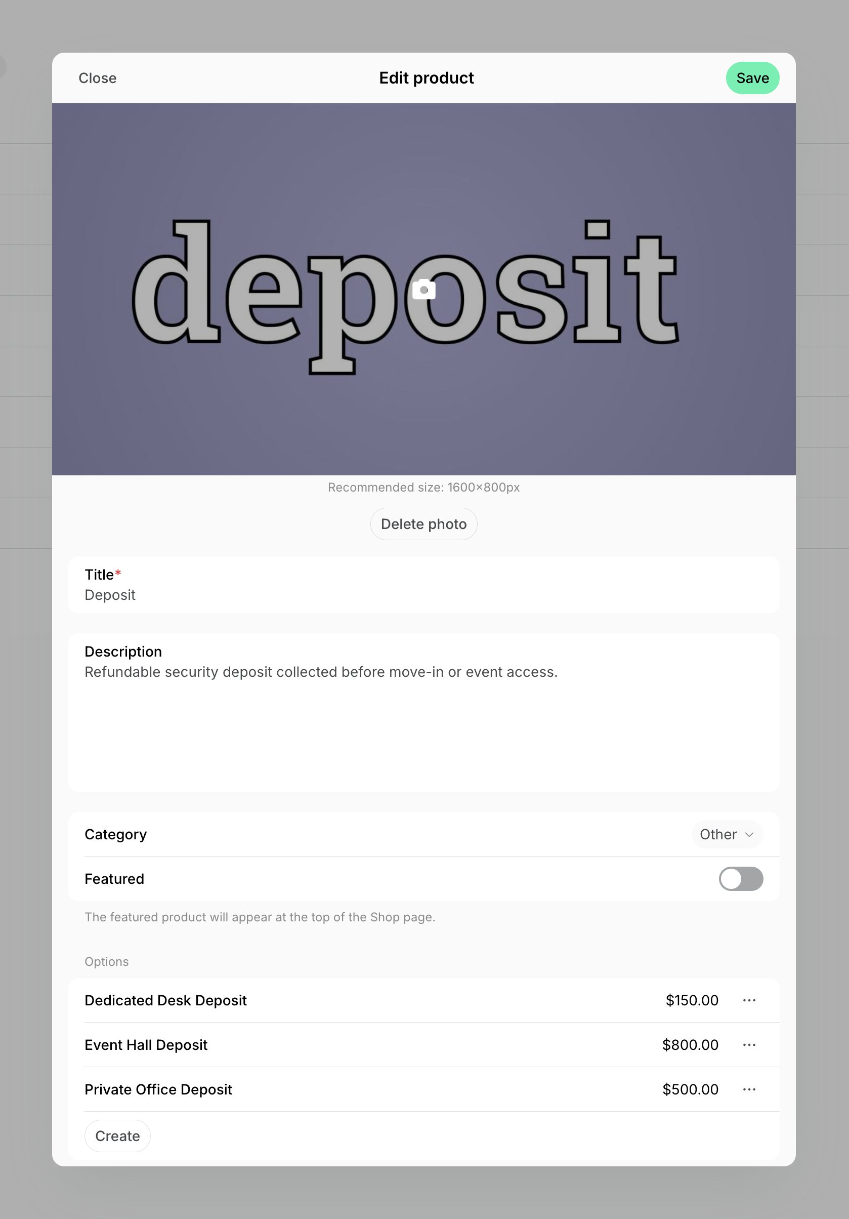 A deposit product with an option per deposit amount on Spacebring's coworking space management platform