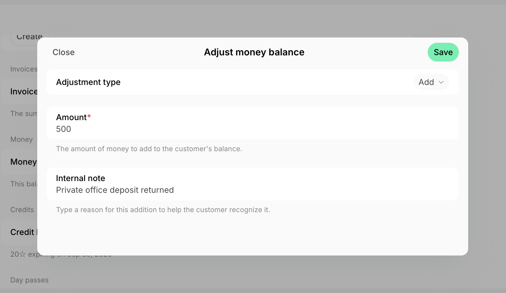 A money balance adjustment adding the deposit back to the customer's balance on Spacebring's coworking space management platform