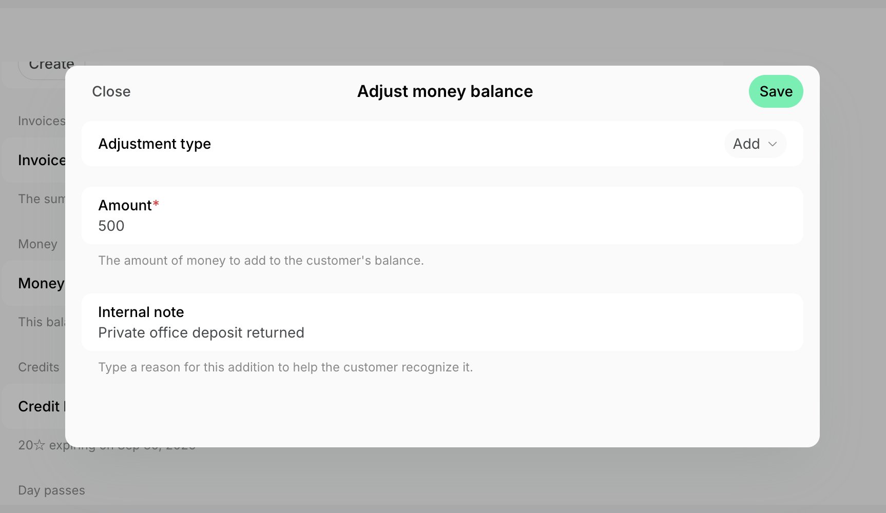 A money balance adjustment adding the deposit back to the customer's balance on Spacebring's coworking space management platform