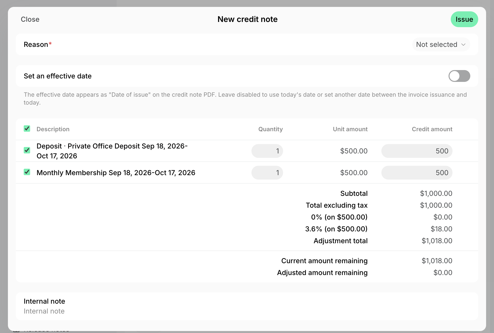 A new credit note listing the invoice items with the deposit among them on Spacebring's coworking space management platform