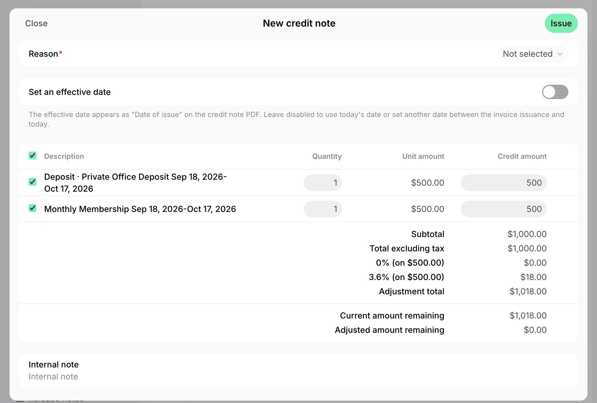 A new credit note listing the invoice items with the deposit among them on Spacebring's coworking space management platform