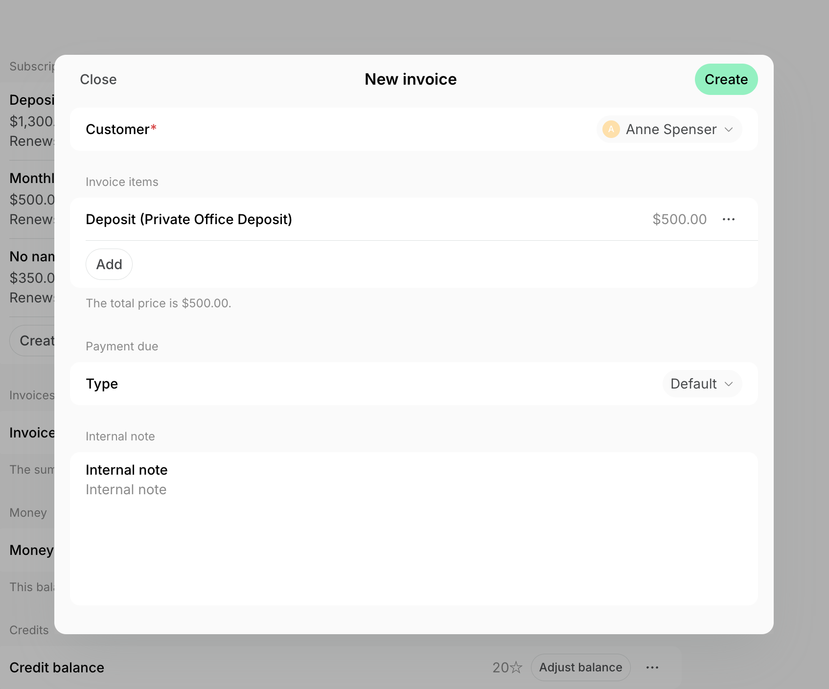 An invoice with the deposit product added as its only item on Spacebring's coworking space management platform
