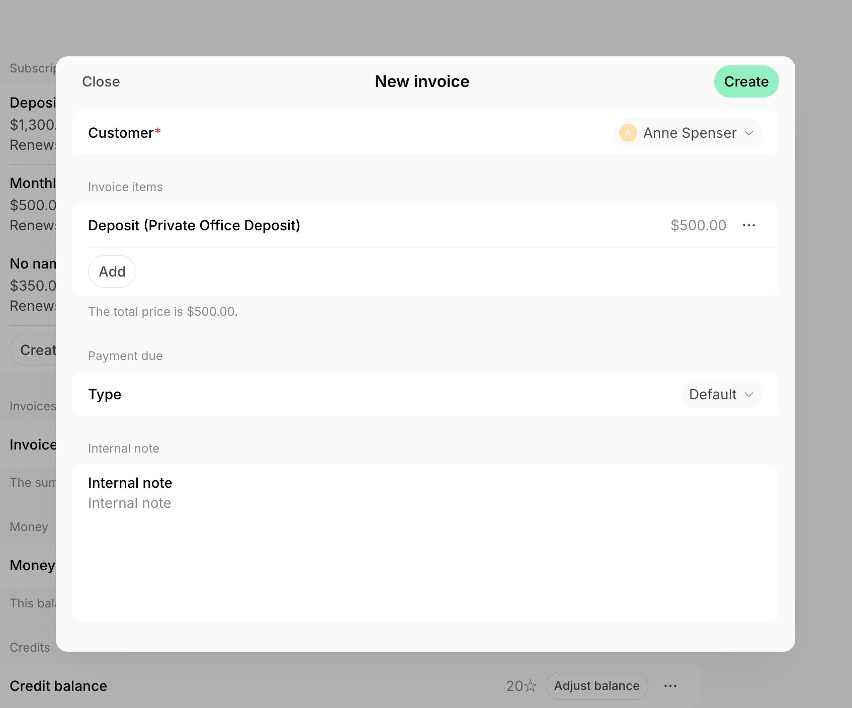 An invoice with the deposit product added as its only item on Spacebring's coworking space management platform